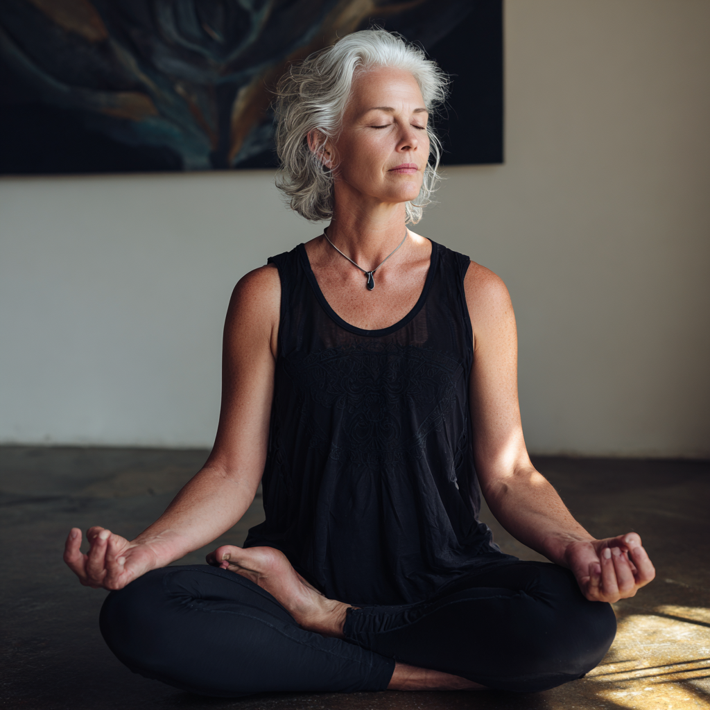 Mature woman in peaceful yoga pose during meditation practice at clindarov studio